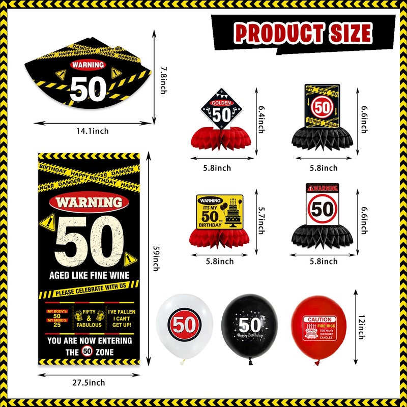 KimaruLZ 50th Birthday Decorations for Men Women, Caution Happy 50th Birthday Party Supplies Decor with Backdrop, Banner, Balloons, Centerpieces, Hanging Swirls, Wall Signs, Sash, Hat - Image 3