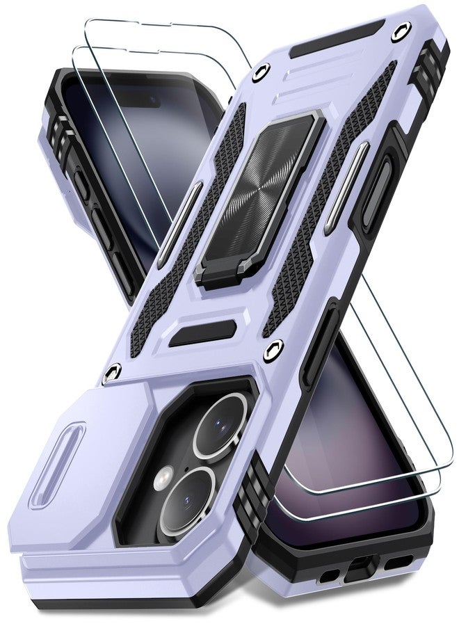 DEERLAMN جراب DEERLAMN لهاتف iPhone 16 مع غطاء كاميرا منزلق + واقي شاشة (عبوتان)، غطاء واقٍ مقاوم للصدمات من الدرجة العسكرية مع مسند حلقي دوار - بنفسجي فاتح - Image 1