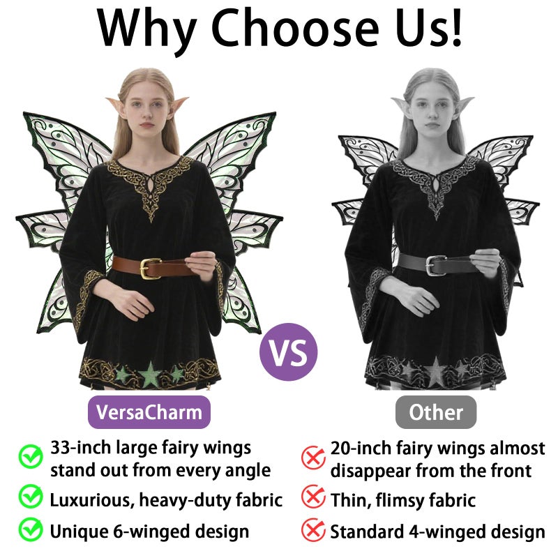VersaCharm Fairy Wings Women Adult Large, Black Fairy Costume for Woman,Big Realistic Butterfly Wings Halloween Costume Accessories Set with Ears & Wand for Cosplay, Renaissance Fair Party 33"x25" - Image 2