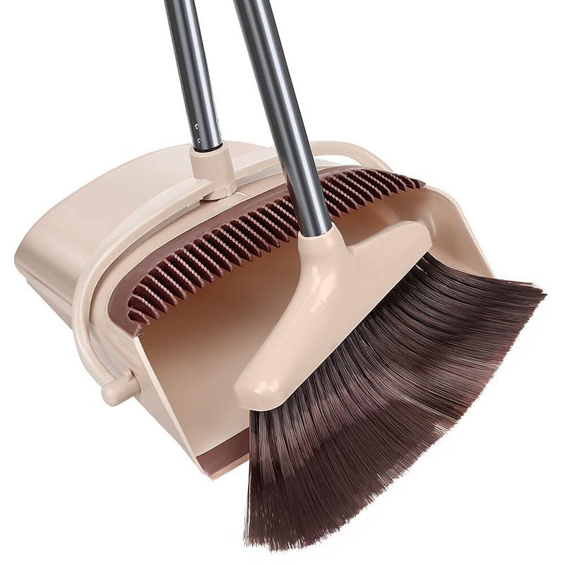 Sohansh Upright Broom and Dustpan Set with StandUp Design Features Builtin Wisp Scraper for Hair Removal Suitable for Hardwood Floors Kitchen Garage and Tiles Beige