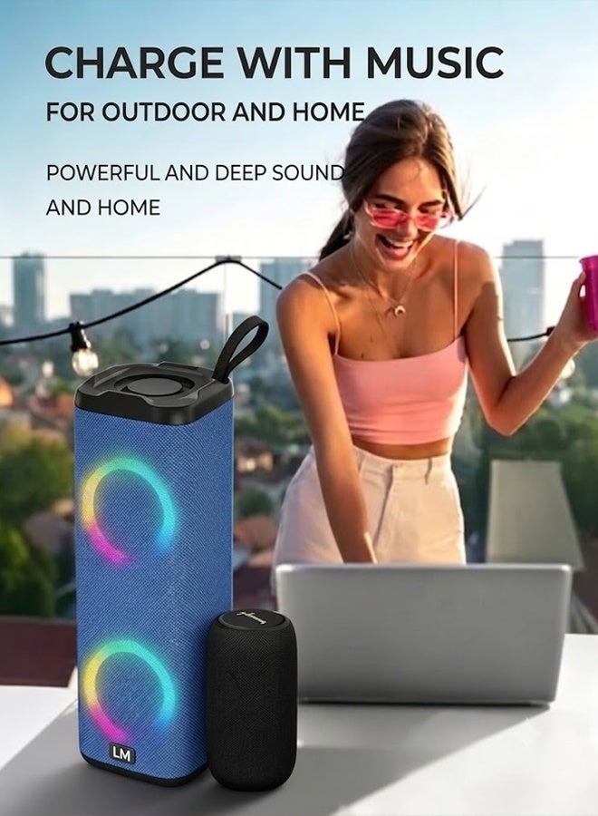 مكبر صوت بلوتوث مطور، محمول للاستخدام المنزلي/الخارجي، مزود بإضاءة LED ملونة، منفذ USB، شحن سريع، تقنية إلغاء الضوضاء، مكبر صوت صغير الحجم كهدية (أزرق) - Image 5