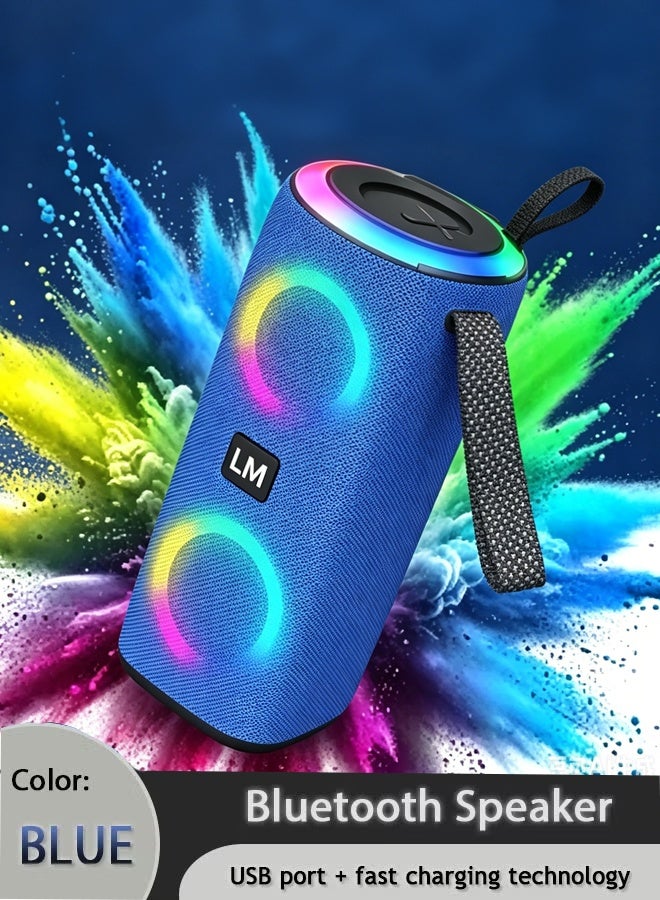 مكبر صوت بلوتوث مطور، محمول للاستخدام المنزلي/الخارجي، مزود بإضاءة LED ملونة، منفذ USB، شحن سريع، تقنية إلغاء الضوضاء، مكبر صوت صغير الحجم كهدية (أزرق) - Image 1