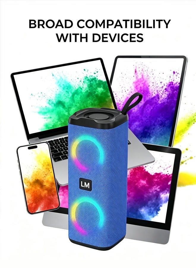 مكبر صوت بلوتوث مطور، محمول للاستخدام المنزلي/الخارجي، مزود بإضاءة LED ملونة، منفذ USB، شحن سريع، تقنية إلغاء الضوضاء، مكبر صوت صغير الحجم كهدية (أزرق) - Image 3
