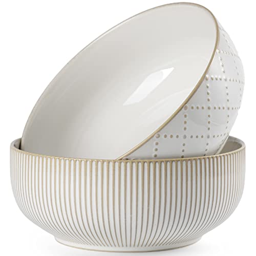 getstar Large Serving Bowls (8 inch & 60 fl oz), Ceramic Salad Bowl Set of 2, Microwave and Dishwasher Safe, Farmhouse Kitchen Decorative Bowls Set (Embossed Checks & Stripes) - Image 1