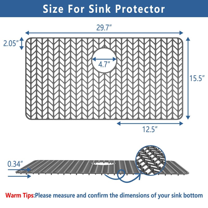 AWOKE Large Silicone Sink Protectors for Kitchen Sink, 30" x 16" Rear Drain Hole, Sink Mat for Bottom of Farmhouse Kitchen Stainless Steel Sinks, Raised Feet/Heat Resistant/Non-slip (Gray) - Image 2