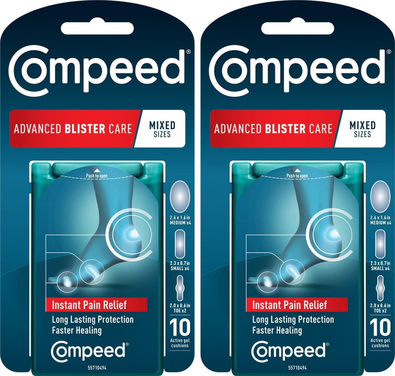 Compeed Advanced Blister Care Pads, Hydrocolloid Gel Cushions for Instant Pain Relief and Faster Healing, Mixed Sizes, 10 Count (2 Packs) - Image 1