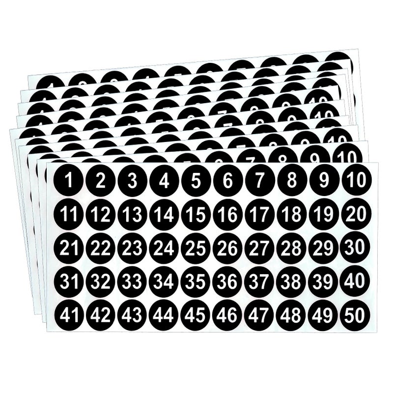 ldyllicStyle Number Stickers, Consecutive Number Stickers 1-50, 10 Sheets Round Numbers Labels, Black Small Number Sticker Vinyl Numbers Decals for Office, Classroom, Storage, Inventory, Indoor, Outdoor, 1 inch - Image 1