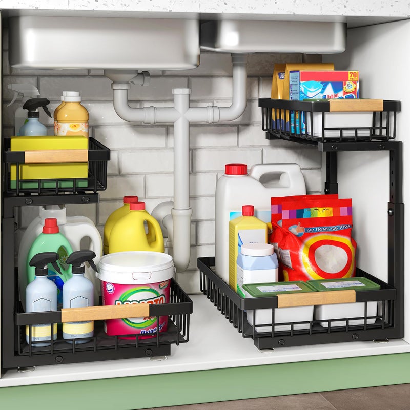 Kitstorack Under Sink Organizer, 2 Tier Under the Sink Storage, Slide out Pull out Cabinet Organizer Shelf, Metal Sliding Drawer for Kitchen Bathroom Pantry Closet Organization Rack, Black, 1 Pack - Image 1