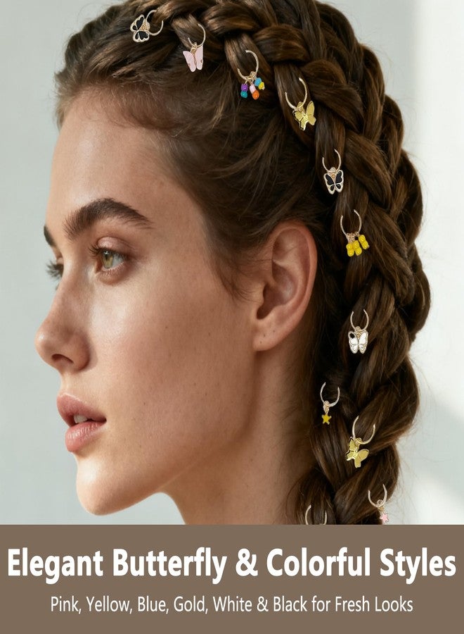 ZGGAZCA 36Pcs Butterfly Hair Rings Charms for Girls Gold Braid Hoops and Jewelry Accessories Dreadlock Clips with Gems Loc Decorations Hair Charm Rings for Women Kids Braids Jewels - Image 3