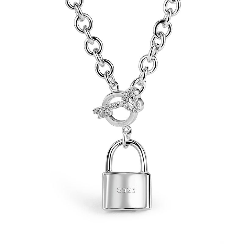 H&Beautimer Handmade in Italy - 925 Sterling Silver Necklace -Women's AAAAA CZ Zircon Heart/Lock Pendant Necklace Rolo Chain 18,20 Inch - Charm Jewelry - Birthday Gift (18 inches, Lock Pendant) - Image 1
