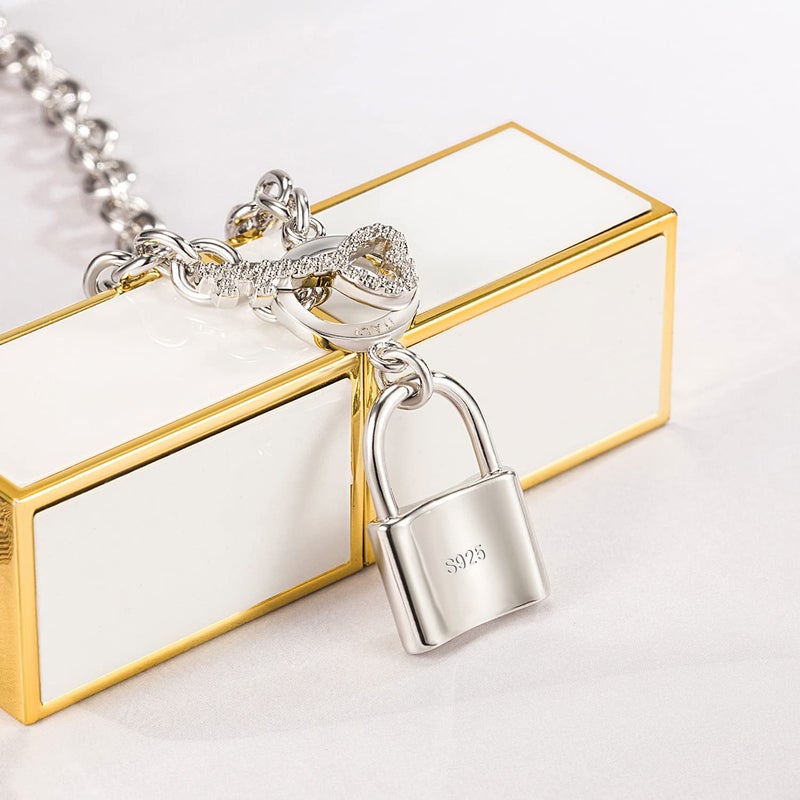 H&Beautimer Handmade in Italy - 925 Sterling Silver Necklace -Women's AAAAA CZ Zircon Heart/Lock Pendant Necklace Rolo Chain 18,20 Inch - Charm Jewelry - Birthday Gift (18 inches, Lock Pendant) - Image 5