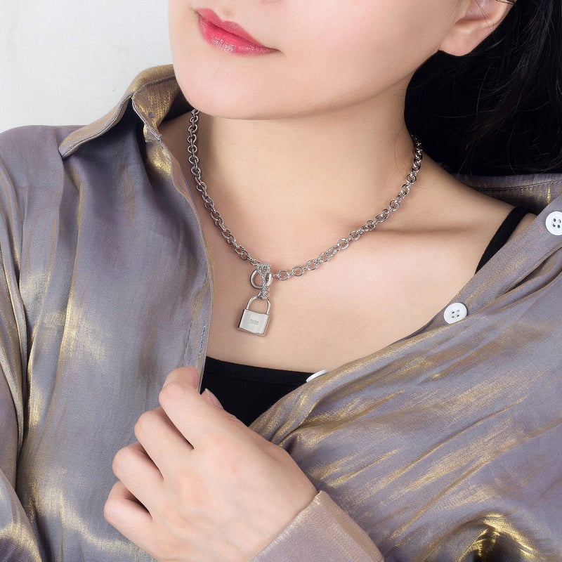 H&Beautimer Handmade in Italy - 925 Sterling Silver Necklace -Women's AAAAA CZ Zircon Heart/Lock Pendant Necklace Rolo Chain 18,20 Inch - Charm Jewelry - Birthday Gift (18 inches, Lock Pendant) - Image 3