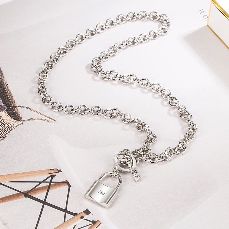 H&Beautimer Handmade in Italy - 925 Sterling Silver Necklace -Women's AAAAA CZ Zircon Heart/Lock Pendant Necklace Rolo Chain 18,20 Inch - Charm Jewelry - Birthday Gift (18 inches, Lock Pendant) - Image 4