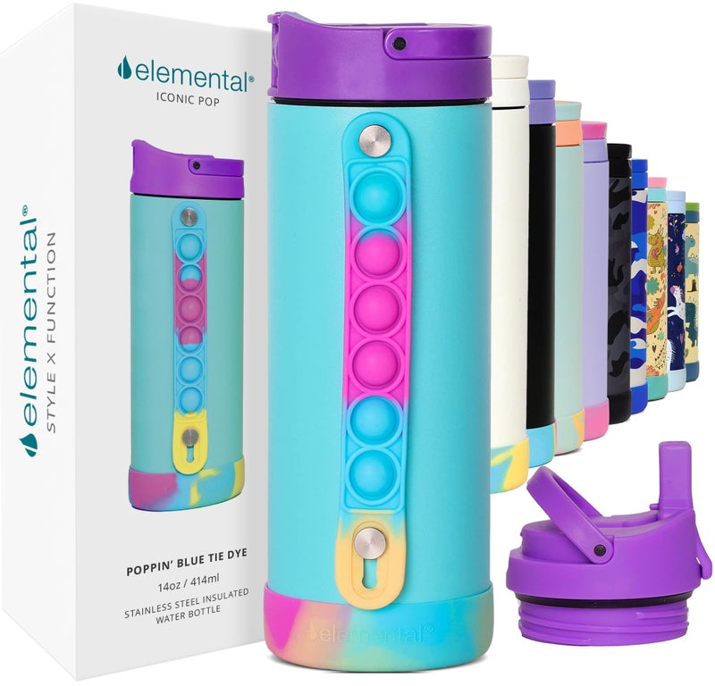 زجاجة ماء أطفال أيقونية عنصرية مع غطاء قشة  مقبض تخفيف الضغط بوب إت  مضادة للتسرب عند الإغلاق  معزولة ثلاث مرات  زجاجة ماء من الفولاذ المقاوم للصدأ للأطفال للبنات والأولاد 14 أونصة  أزرق تTie Dye
