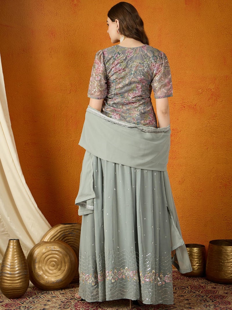 Miss Ethnik Women's Grey Faux Georgette Stitched Top With Stitched Faux Georgette Bottom and Faux Georgette Dupatta Half Sleeve Embroidered Flared Lehenga (MER-1172-Grey-XXL) - Image 3