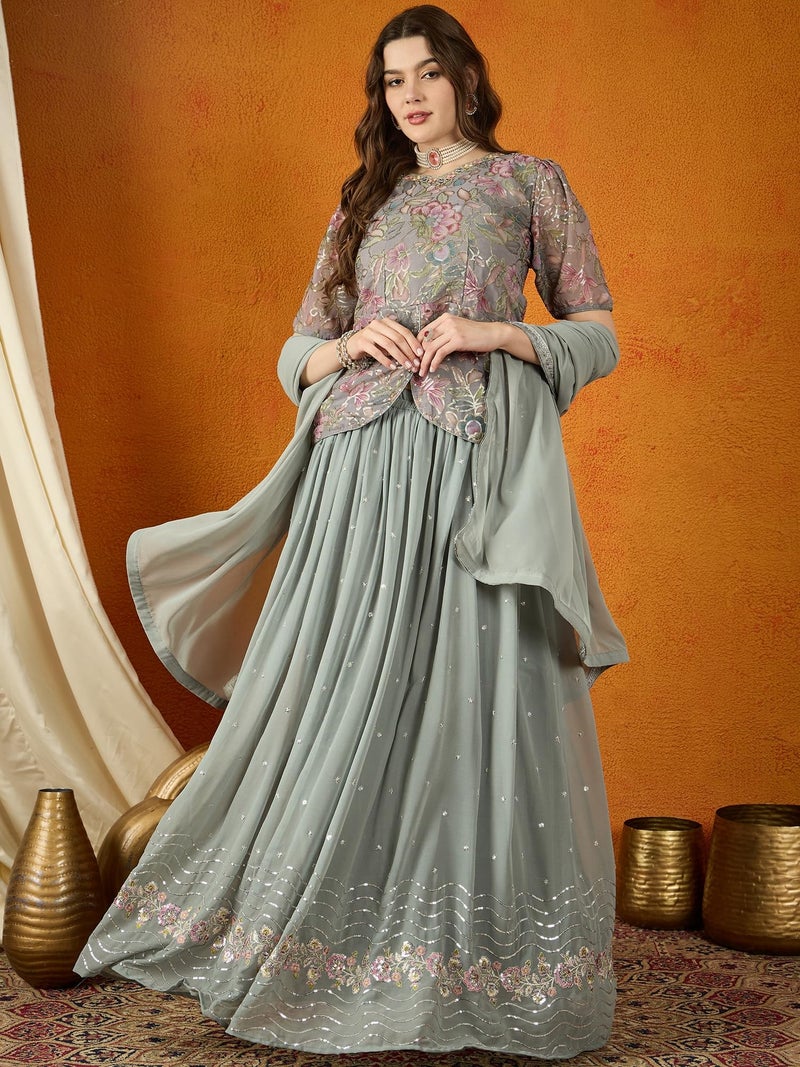 Miss Ethnik Women's Grey Faux Georgette Stitched Top With Stitched Faux Georgette Bottom and Faux Georgette Dupatta Half Sleeve Embroidered Flared Lehenga (MER-1172-Grey-XXL) - Image 2