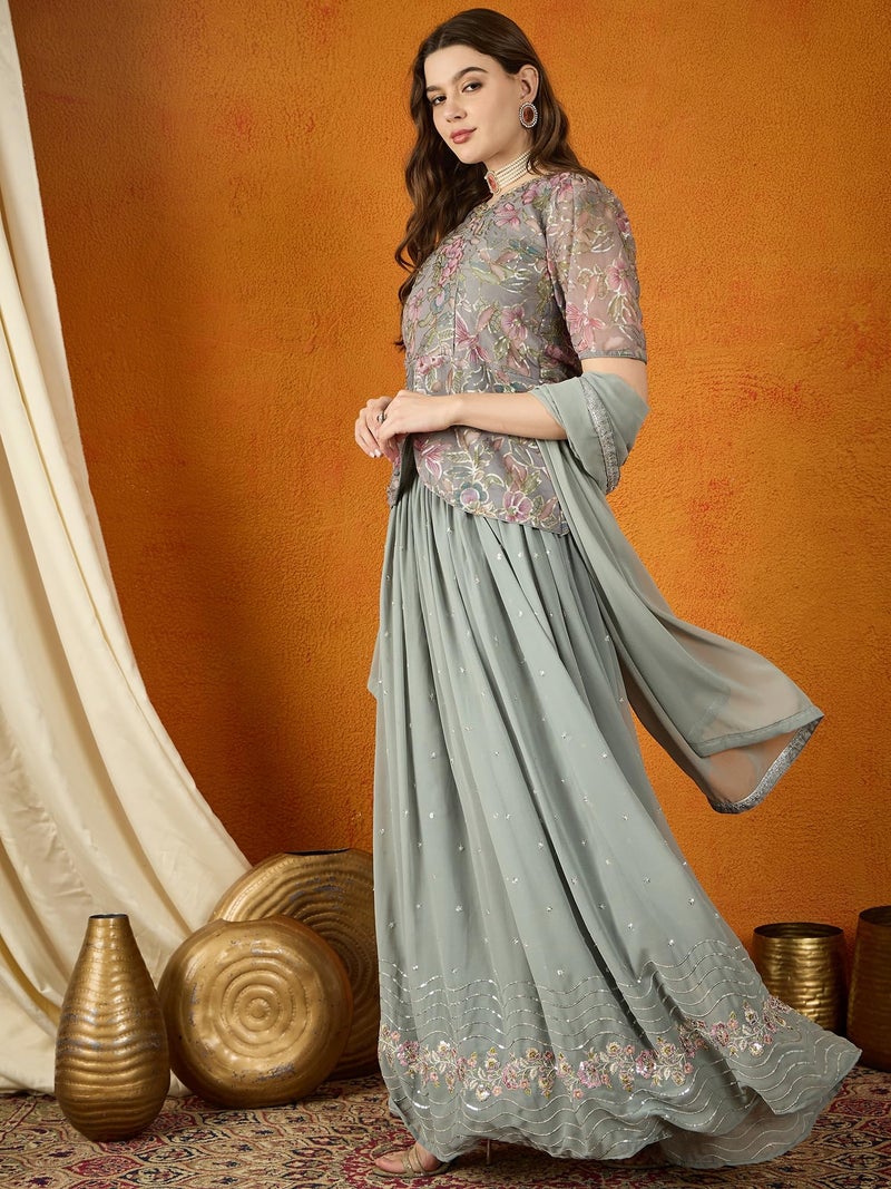 Miss Ethnik Women's Grey Faux Georgette Stitched Top With Stitched Faux Georgette Bottom and Faux Georgette Dupatta Half Sleeve Embroidered Flared Lehenga (MER-1172-Grey-XXL) - Image 4