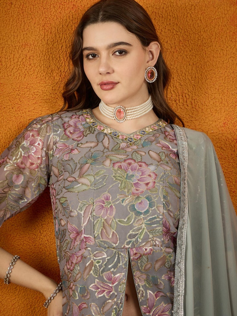 Miss Ethnik Women's Grey Faux Georgette Stitched Top With Stitched Faux Georgette Bottom and Faux Georgette Dupatta Half Sleeve Embroidered Flared Lehenga (MER-1172-Grey-XXL) - Image 5