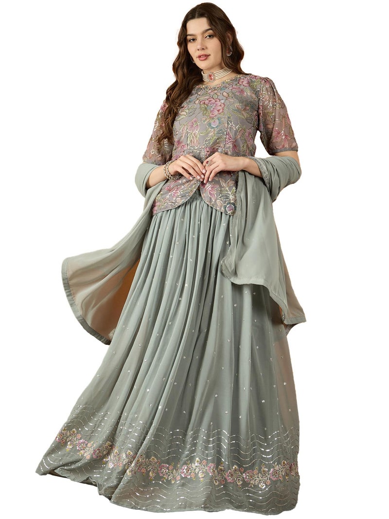 Miss Ethnik Women's Grey Faux Georgette Stitched Top With Stitched Faux Georgette Bottom and Faux Georgette Dupatta Half Sleeve Embroidered Flared Lehenga (MER-1172-Grey-XXL) - Image 1