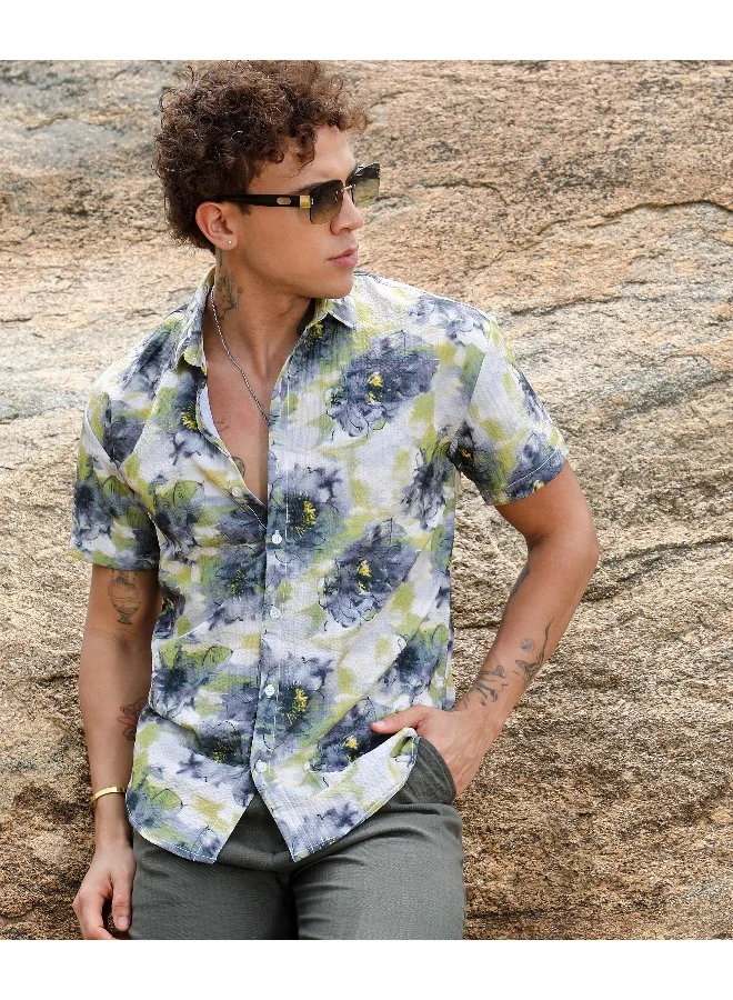 CAHOOT  Men's Navy Blue & Powder White Smudged Botanical Shirt For Casual Wear | Spread Collar | Short Sleeve | Button Closure | Shirt Crafted With Comfort Fit For Everyday Wear for Men | Best Price UAE