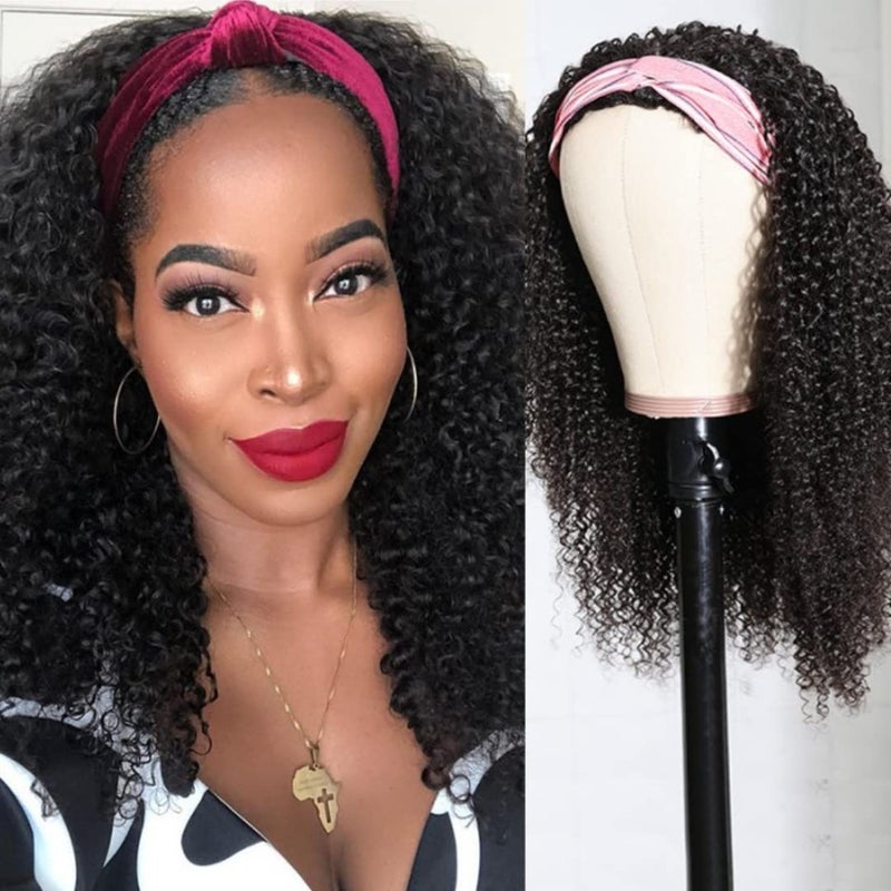 Nadula Hair 10A Afro Malaysian Kinky Curly Human Hair Half Wig WEAR WITH OR WITHOUT Headband For Women 100 Virgin Human Hair Headband Curly 34 Half Wigs Gluless 150 Density Natural Color 14inch