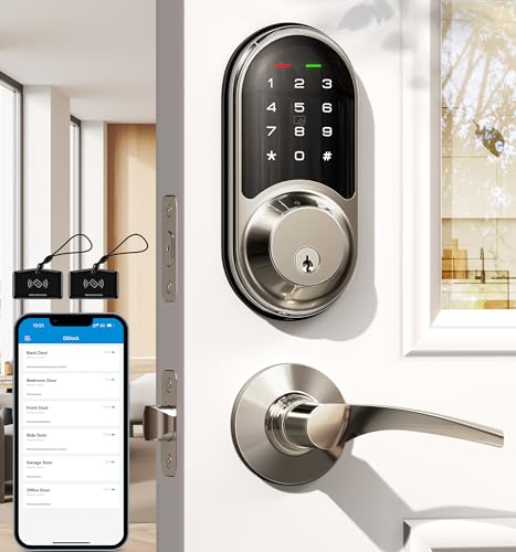 Veise RZ06B Smart Lock for Front Door, 2 Lever Handle Set, Keyless Entry Deadbolt, App Control, Electronic Digital Touchscreen Keypad, Auto Lock, IP54 Waterproof, Easy Installation, Satin Nickel - Image 1