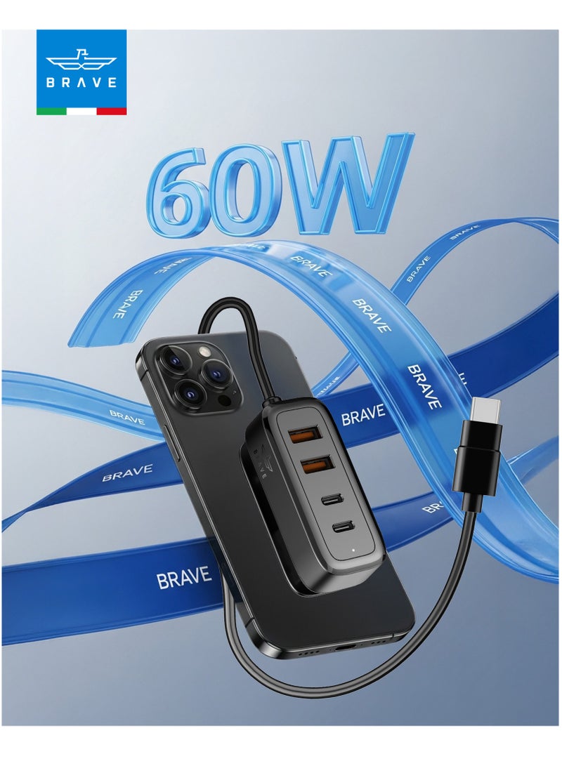 Brave 60W Universal Car Charger Fast Charging USB-C - Power Hub & Multi-Charger with 2 USB-C & 2 USB-A Ports, Smart Power Distribution, 1.5m Type-C Cable, Multi-Device Charger Compatible with iPhone 17/16/15/14 Pro Max, iPad Pro, MacBook Air, Samsung Galaxy S25/S24/S23, Xiaomi, OnePlus, Huawei, Pixel and More - Image 2