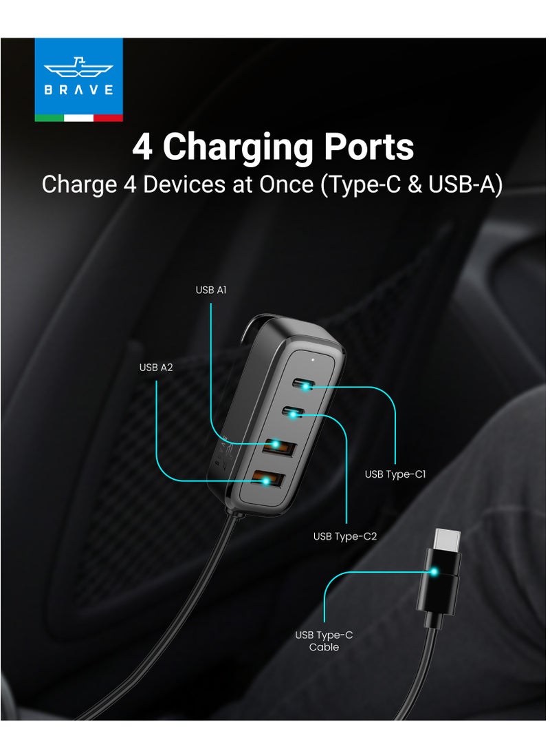 Brave 60W Universal Car Charger Fast Charging USB-C - Power Hub & Multi-Charger with 2 USB-C & 2 USB-A Ports, Smart Power Distribution, 1.5m Type-C Cable, Multi-Device Charger Compatible with iPhone 17/16/15/14 Pro Max, iPad Pro, MacBook Air, Samsung Galaxy S25/S24/S23, Xiaomi, OnePlus, Huawei, Pixel and More - Image 3