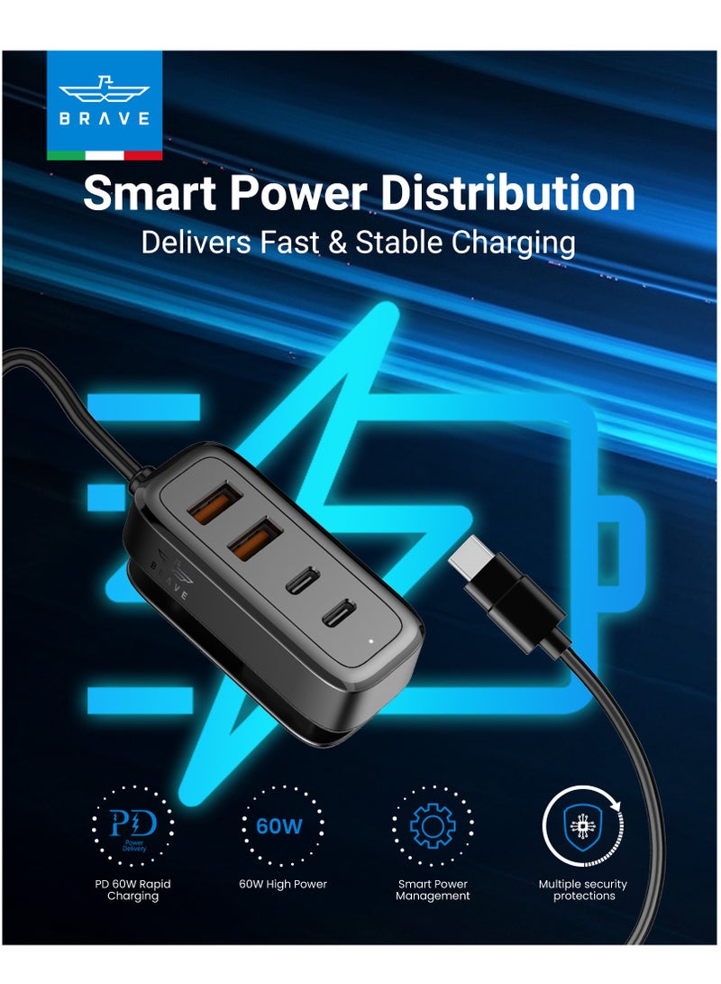 Brave 60W Universal Car Charger Fast Charging USB-C - Power Hub & Multi-Charger with 2 USB-C & 2 USB-A Ports, Smart Power Distribution, 1.5m Type-C Cable, Multi-Device Charger Compatible with iPhone 17/16/15/14 Pro Max, iPad Pro, MacBook Air, Samsung Galaxy S25/S24/S23, Xiaomi, OnePlus, Huawei, Pixel and More - Image 4