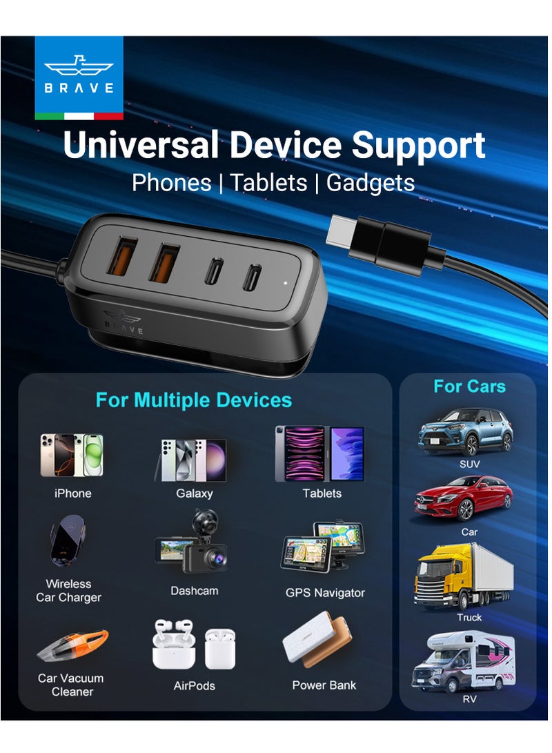 Brave 60W Universal Car Charger Fast Charging USB-C - Power Hub & Multi-Charger with 2 USB-C & 2 USB-A Ports, Smart Power Distribution, 1.5m Type-C Cable, Multi-Device Charger Compatible with iPhone 17/16/15/14 Pro Max, iPad Pro, MacBook Air, Samsung Galaxy S25/S24/S23, Xiaomi, OnePlus, Huawei, Pixel and More - Image 5