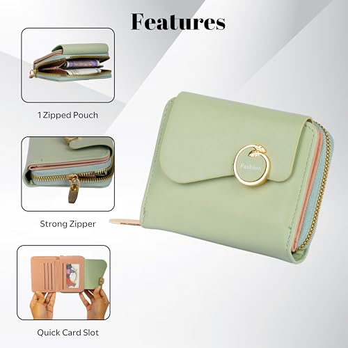 PRANIJ Small Leather Bifold Wallet for Women Fashion Compact Slim Credit Card Holder with Zipper Coin Pocket, Mini Clutch Purse for Girls (Pale Green) - Image 3