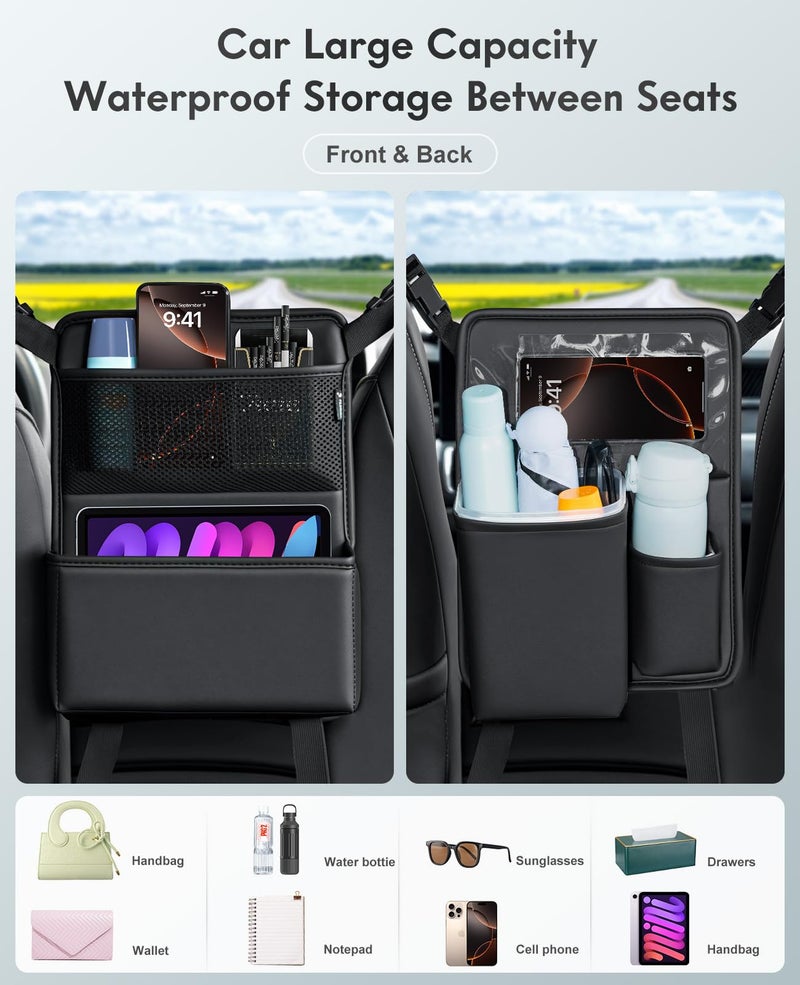 FLORICH Car Organizer Storage Between Seats, Premium Leather Car Mesh Organizer with Waterproof Cup Holder, Car Hanging Storage Bag Pocket Between Seats - Image 2
