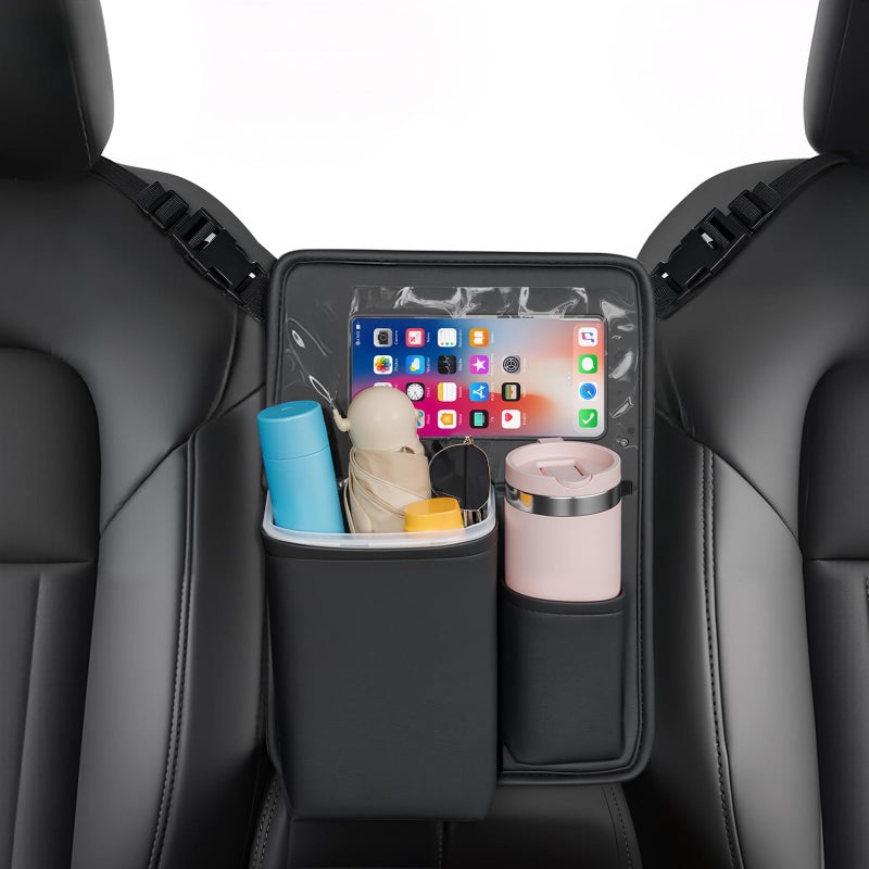 FLORICH Car Organizer Storage Between Seats, Premium Leather Car Mesh Organizer with Waterproof Cup Holder, Car Hanging Storage Bag Pocket Between Seats - Image 1