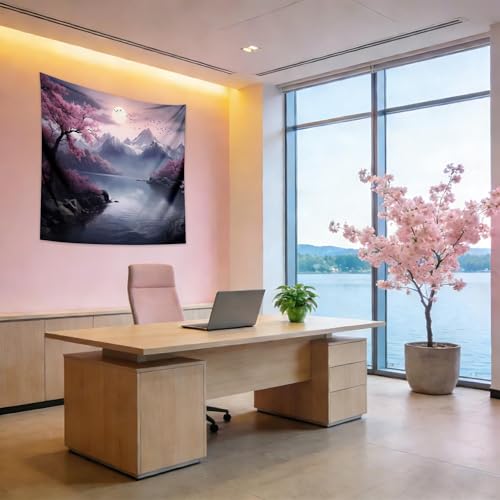 QGHOT Japanese Cherry Blossom Tapestry Wall Hanging Asian Anime Nature Mountain Wall Art Calming Tapestries for Bedroom Living Room Decor 60x50in - Image 3