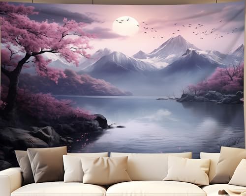 QGHOT Japanese Cherry Blossom Tapestry Wall Hanging Asian Anime Nature Mountain Wall Art Calming Tapestries for Bedroom Living Room Decor 60x50in - Image 1
