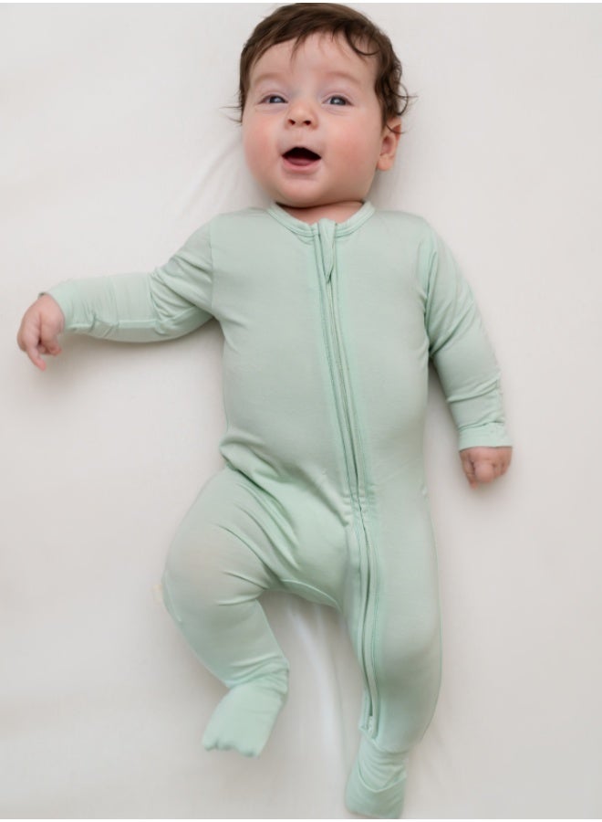 Hushabye – Zippered Baby Sleepsuit – Bamboo – Light Sage - Image 1