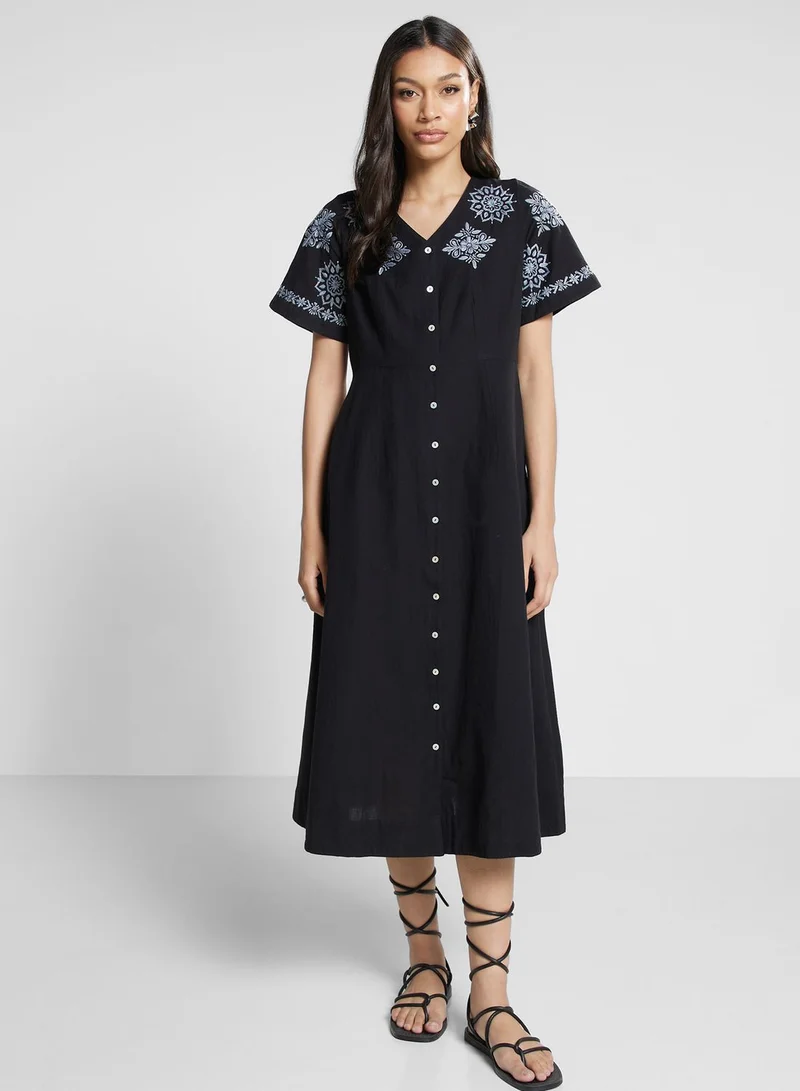 Fabindia Embroidered Button-Down Dress