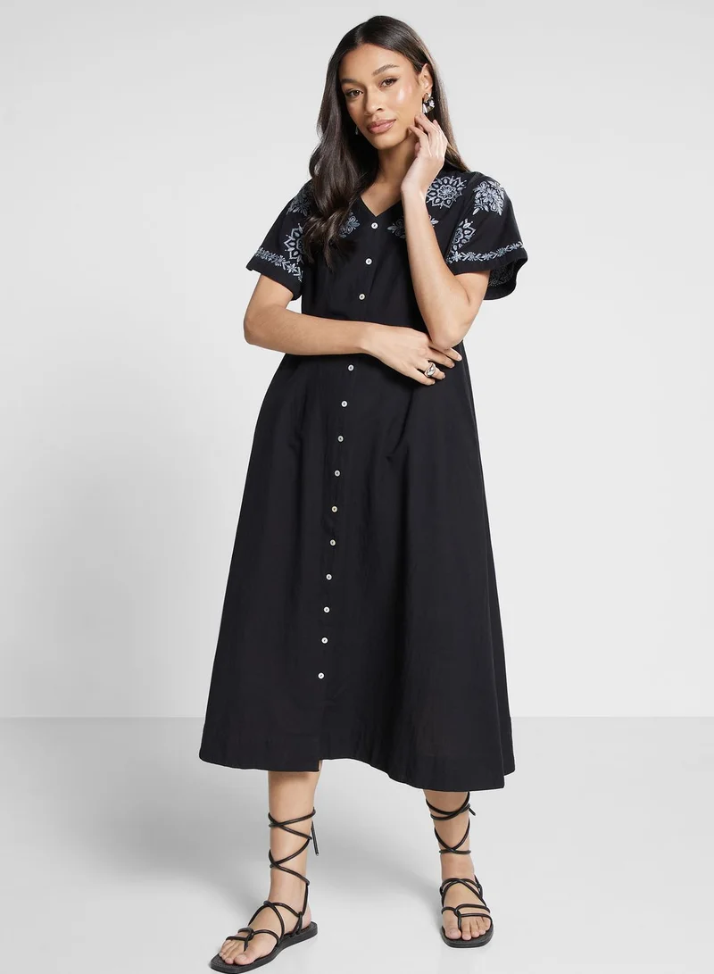 Fabindia Embroidered Button-Down Dress