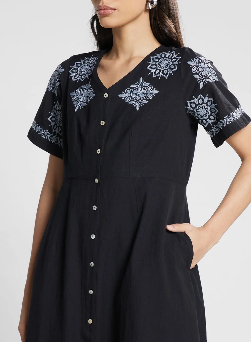 Fabindia Embroidered Button-Down Dress