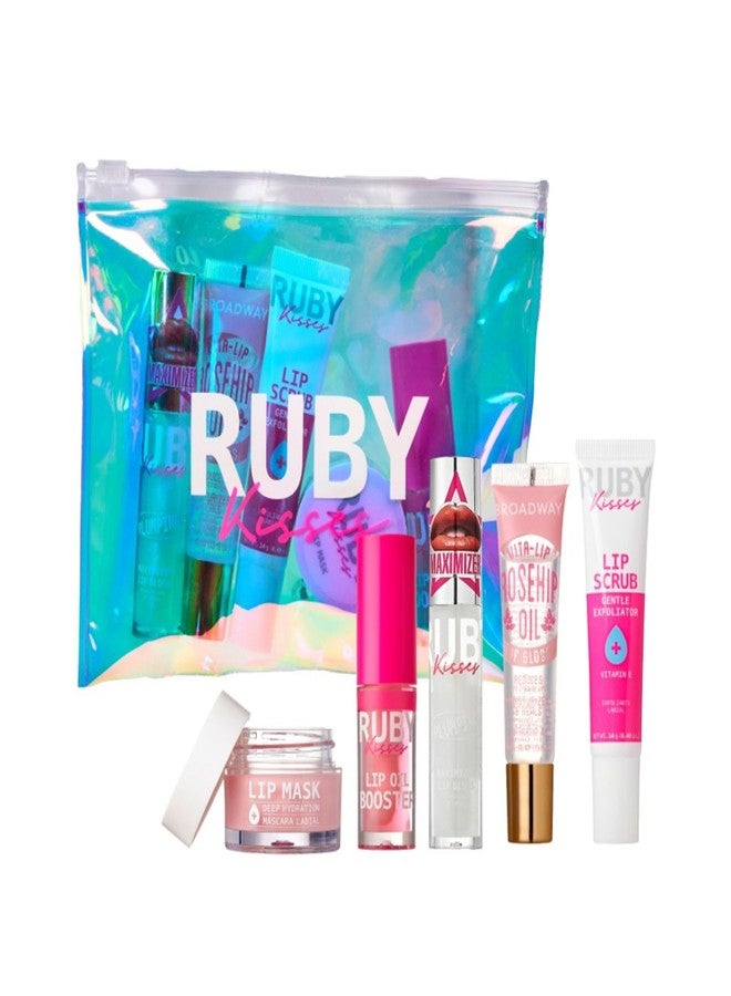 Ruby Kisses Value Lip Care Travel Kit With Rosehip Oil Clear Lip Gloss, High Shine Plumping Gloss, Pink Lip Oil Booster, Exfoliating Lip Scrub, Hydrating Intensive Lip Mask + Holographic Makeup Bag - Image 1