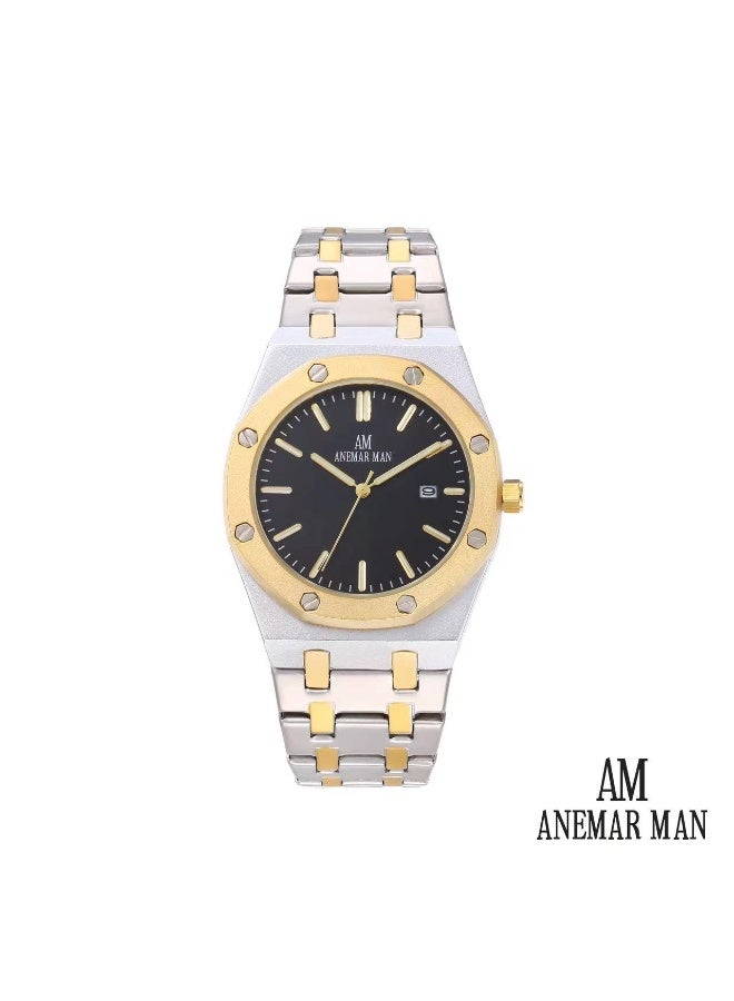 ANEMAR MAN High-quality, water-resistant men's stainless steel wristwatch with a silver and gold strap and black dial.