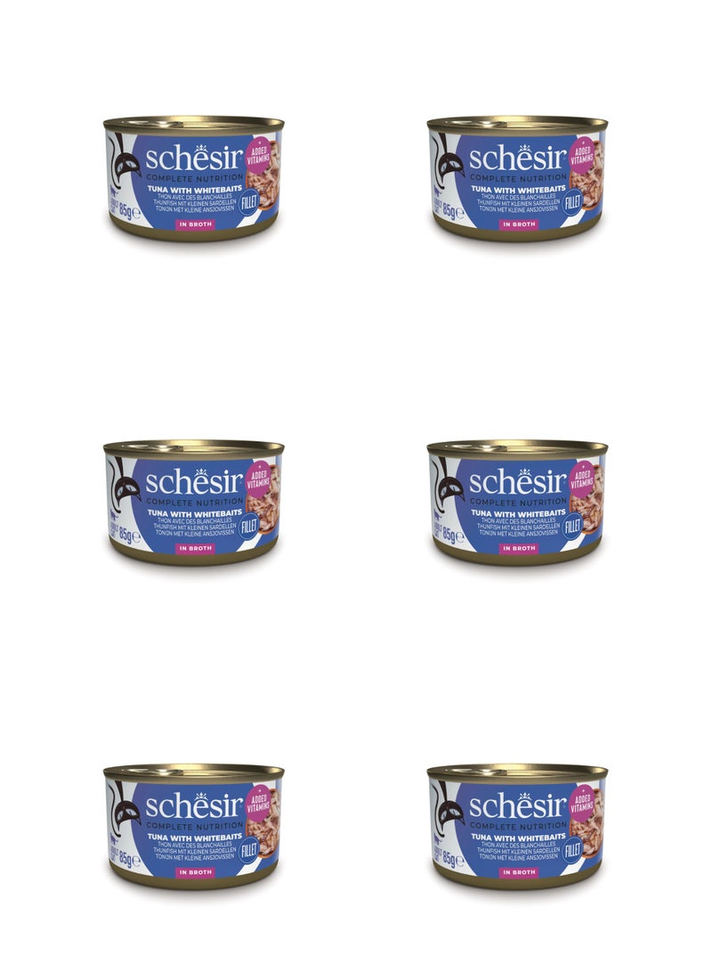 شيسر طعام القطط الرطب شيسير المتكامل والمتوازن في مرق - تونة مع سمك وايت بيت 85 جم × 6 قطع - Image 1