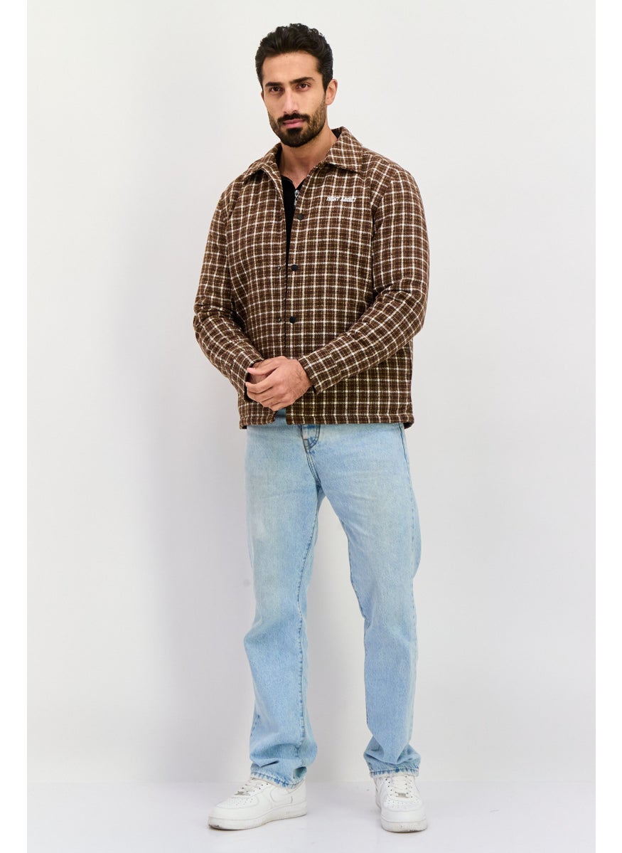 Night Addict Men Plaid Jacket Shirt, Brown  - Image 2