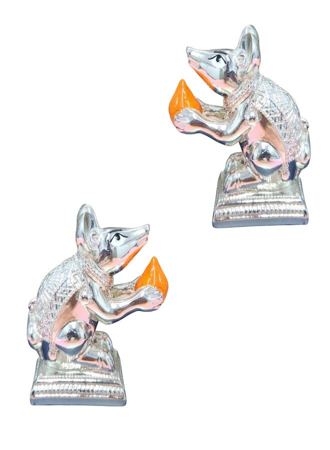 ARNAVIRA® 999 Silver Plated 2 Qty Mushak Idol for Ganpati Pooja Ganeshji Mooshak Mouse Mushakraj (Silver Orange 2 Pcs) - Image 1