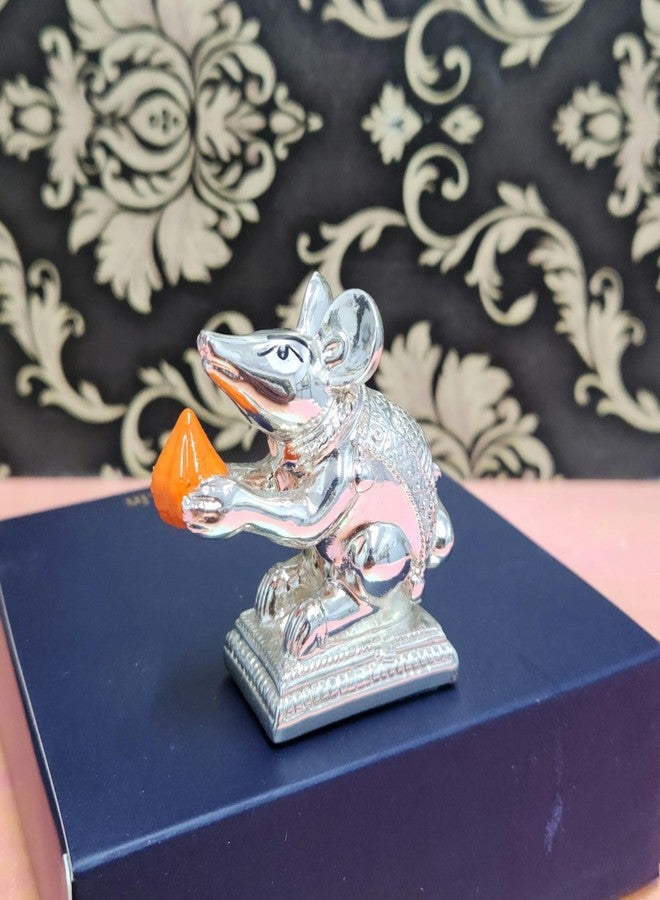 ARNAVIRA® 999 Silver Plated 2 Qty Mushak Idol for Ganpati Pooja Ganeshji Mooshak Mouse Mushakraj (Silver Orange 2 Pcs) - Image 3