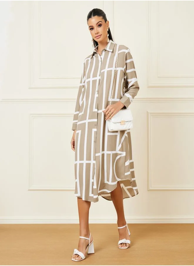 Styli Geo Print Curved Hem Longline Shirt