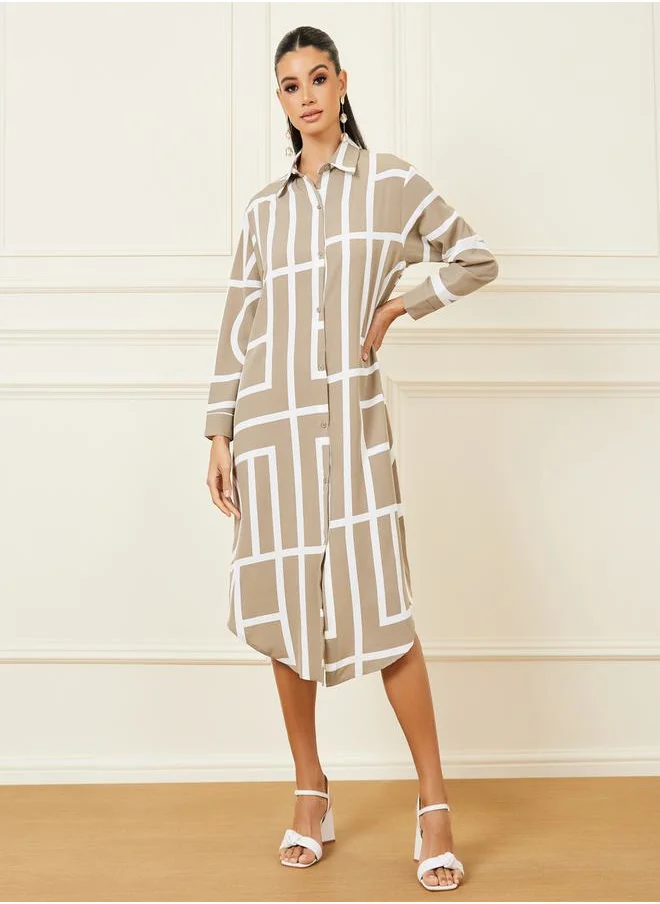 Styli Geo Print Curved Hem Longline Shirt