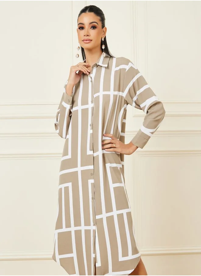 Styli Geo Print Curved Hem Longline Shirt