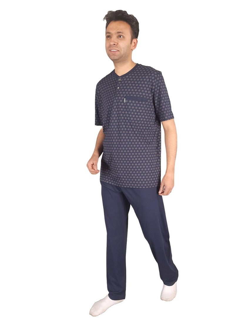 بيجامة صيفي رجالي مطبوعة بأكمام قصيرة ورقبة مستديرة بذرائر وبنطلون طويل - كحلي