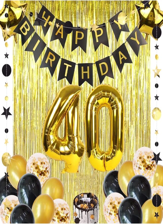 Zilue 40th Birthday Decorations for Men, Happy Birthday Banner, 40 Foil Balloon Happy Birthday Cake Topper Gold Curtain Champagne Bottle and Goblet Balloons 40th Anniversary Decorations Birthday Backdrop 